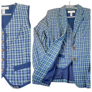 NWT Vintage KAREN SCOTT Womens M Blue Green Plaid Cotton Golf Blazer Vest Preppy